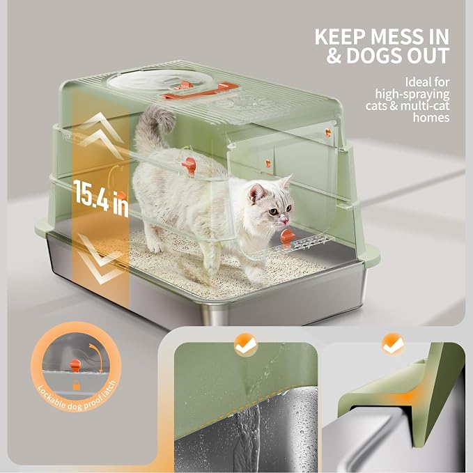 Stainless Steel Cat Litter Box with Lid, Enclosed Extra Large Metal Litter Pan for Big Cats, Full Flip Cover High Sided LitterBox Include Scoop, Easy Cleaning, Non-Stick, Green