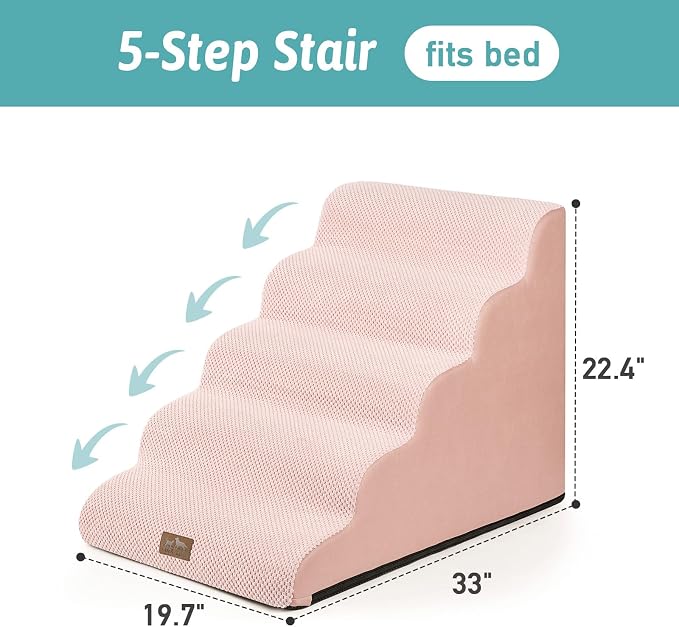 COZY KISS Wide Dog Stairs 19.7" Width, Pet Step for Small/Medium/Large Dog, Puppy or Cat, Pet Ramp for High Bed or Car, High Density Foam Ladder, 19.7x33x22.4 in, Stable, 5 Step, Pink