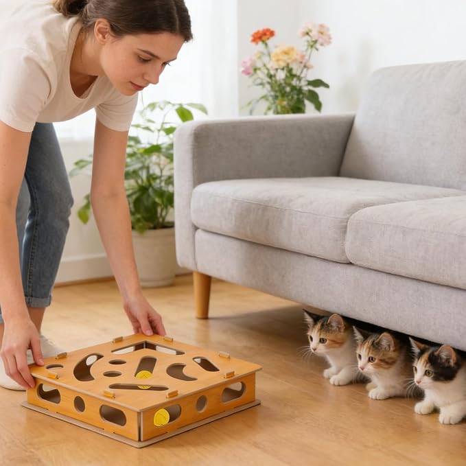 Cat Scratch Puzzle Enrichment Box,Maze Cat Nail File Enrichment Box,Interactive Cat Scratching Board,A Stress-Free Alternative to Nail Trimming,with Built-in Bell Ball for Indoor Cats