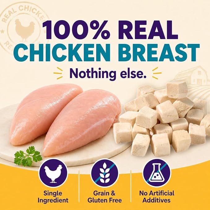 Freeze-Dried Chicken Treats for Dogs & Cats, Single Ingredient Real Chicken, High Protein Training Treats, Grain Free, No Fillers, 5.3 oz