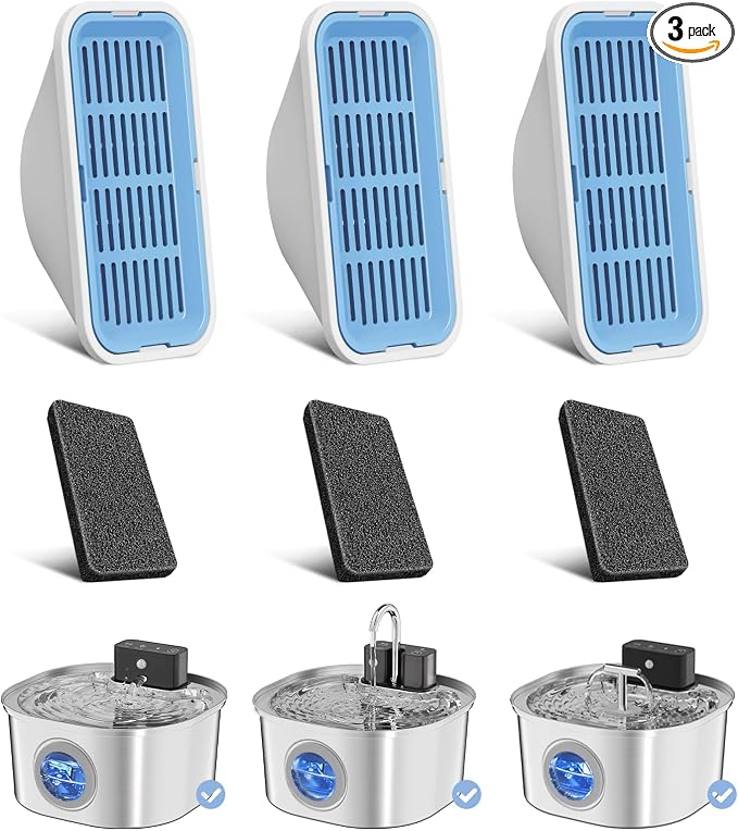 Voluas Replacement Cat Water Fountain Filters, 3 Filters and Pre-Filter Sponges for 108oz/3.2L Stainless Steel Pet Water Fountain 309A/309B/309C