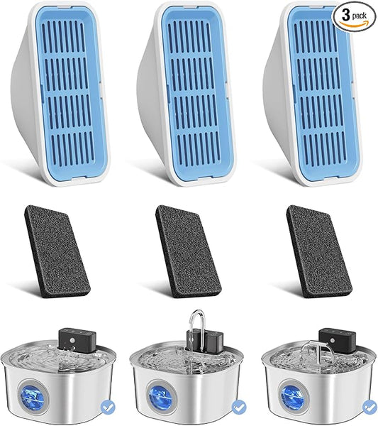 Voluas Replacement Cat Water Fountain Filters, 3 Filters and Pre-Filter Sponges for 108oz/3.2L Stainless Steel Pet Water Fountain 309A/309B/309C