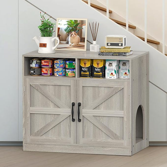 Hidden Cat Litter Cabinet Ultra-Large Wooden Enclosed Litter Box Fumiture 2-Door Storage Cabinet 2 Open Drawers 1Air Vents Cat Litter Furniture Fit Most of Litter Box.(Gray, No Drawers)