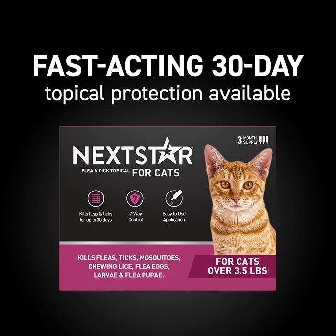NEXTSTAR Flea and Tick Prevention for Cats, Repellent and Control, Fast Acting Waterproof Topical Drops, Flea Prevention for Cats Over 3.5 lbs, 6 Monthly Doses