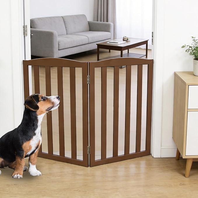 Freestanding Dog Gate Indoor,Doggie Gate Foldable Pet Gates for Doorways,Stairs or Hallways, Wooden Brown Pet Gate for the House, Pet Fence,24 "Height-2 Panels