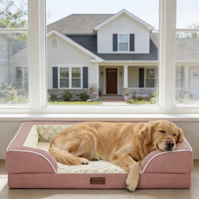 Orthopedic Dog Beds for Medium Sized Dogs 35x22 Inch, Medium Waterproof Memory Foam Dog Sofa Bed with Removable Washable Cover Pet Couch with Bolster, Pink