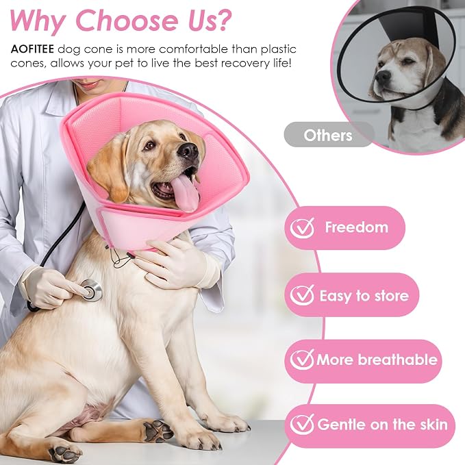 AOFITEE Dog Cones for Medium Dogs, Soft Dog Cone Collar After Surgery, Adjustable Cone for Dogs to Stop Licking, Breathable Pet E-Collar Alternative for Wound Healing(Pink,Medium)