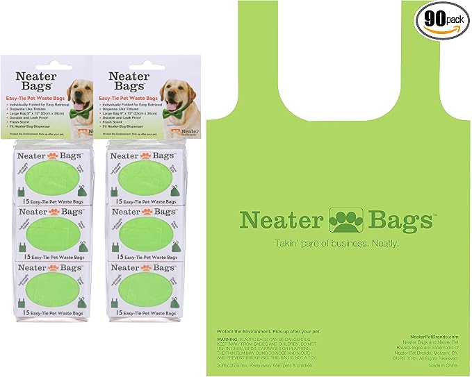 Neater Pet Brands Neater Bags Dog Waste Bag, No Rolls to Fuss With - Dog Poop Bags Dispense One at a Time, Doggie Poop Bag with Easy-Tie Handles (90 Count)
