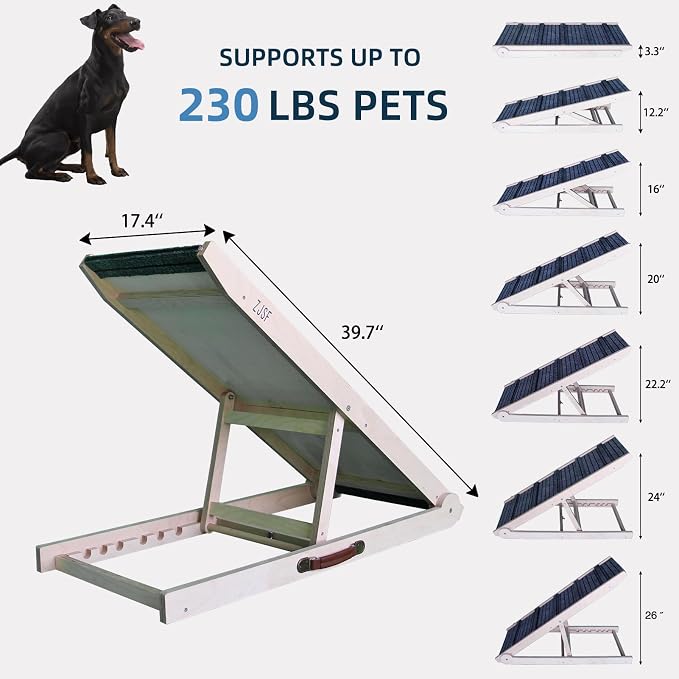 ZJSF Foldable Dog Ramp for High Bed, Wooden Dog Stairs to Bed for Small and Large Dogs, High Traction Platform with 6 Adjustable Heights (12.2"-26"), 39.7", Supports up to 230 lbs