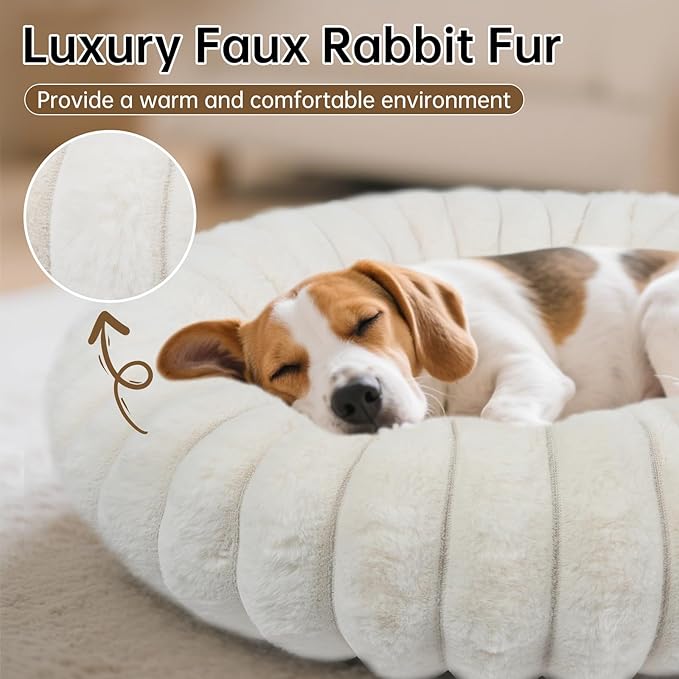Donut Dog and Cat Bed, Luxurious Comfortable Faux Rabbit Fur Pet Beds, Round Anti-Anxiety Calming Puppy Kitten Bed with Anti-Slip Bottom for Small Medium Dogs & Cats(28", White)