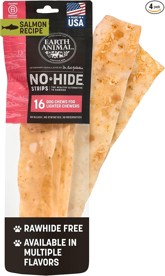 Earth Animal No Hide Strips - Natural Rawhide Free Dog Chew Strips, Salmon - 16 Count
