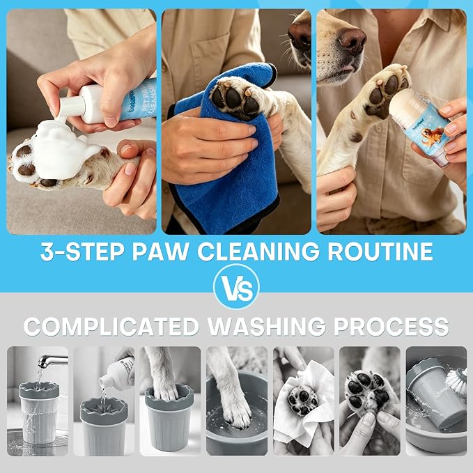 Dog Paw Cleaner Kit with Paw Balm for Dogs, Waterless Foot Cleaner for Muddy Paws, Dirt Removal, Moisturizing Care for Dry Cracked Pads, Includes Towel and 3 Soft Silicone Brushes