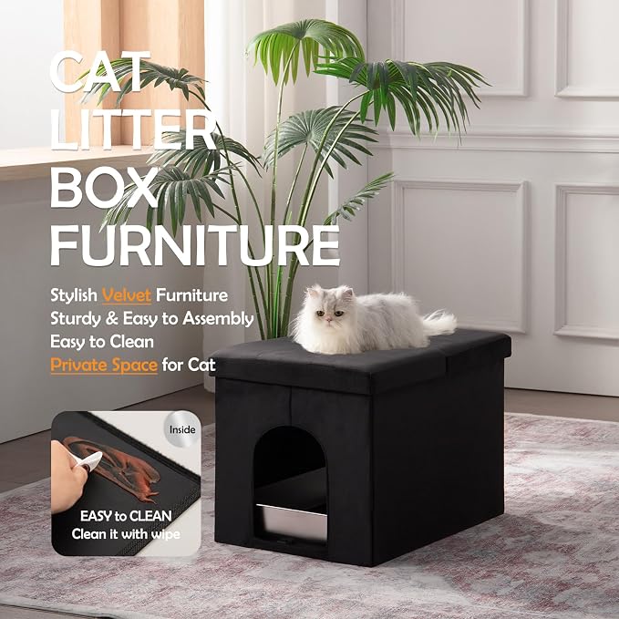 MEEXPAWS Cat Litter Box Enclosure Furniture Hidden Large, Lift Design Lid Velvet Cat Washroom Bench Storage Cabinet |25.6x 17.7 x 17.7 in| Dog Proof|Urine Proof Inside|Quick Assembly| Easy Clean(Pink)