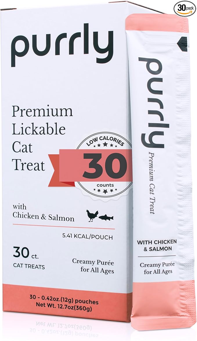 Purrly Hydrating Wet Cat Treat Snack Topper Creamy Purée Human-Grade Chicken Breast & Salmon with Omega-3 & 6 for Skin & Coat (30 Count) Healthy Lickable Squeeze Soft Training Snack Low-Phosphorus