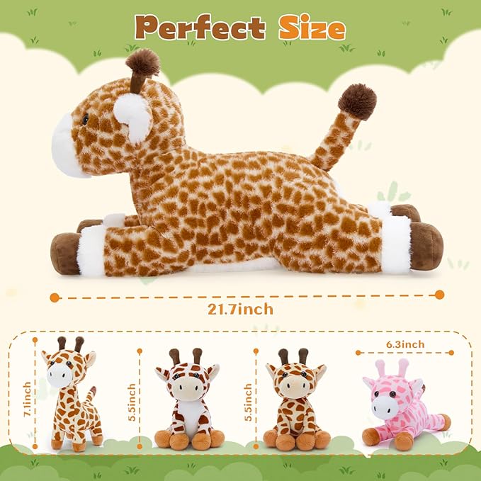 Tezituor 5Pcs Giraffe Stuffed Animal Set, 22 inch Large Mommy Stuffed Giraffe with 4 Cute Babies Deer Toy for Boys Girls, Soft Giraffe Plush Body Pillow for Birthday Party Decor