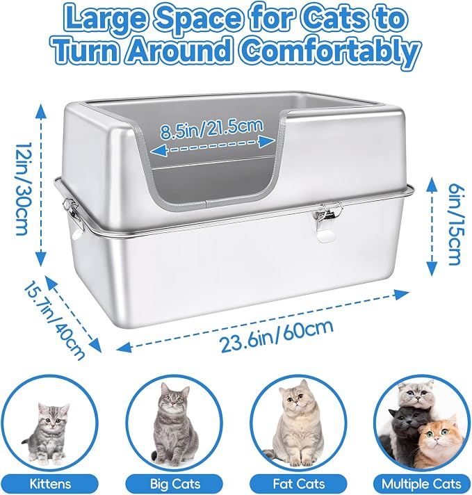 Stainless Steel Cat Litter Box, 23.6" L x 15.7" W x 11.8" H XXL Extra Large Semi Enclosed Removable Metal Litter Tray with High Sided Enclosure, Scoop, Non-Sticky, Easy Cleaning