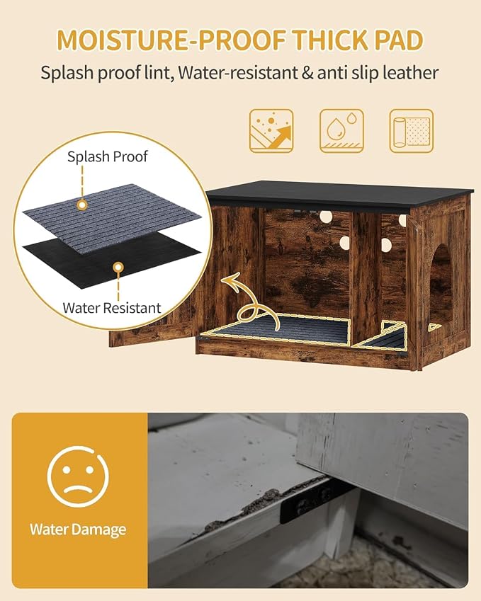 Hzuaneri Cat Litter Box Enclosure with Cushion, Hidden Litter Box Furniture with Removable Dividers, Reversible Entrance Left or Right Side, Cat House, Rustic Brown and Black CB84601X