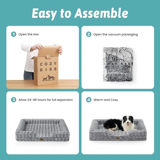 COZY KISS Orthopedic Dog Bed for Large Medium Size Dog, Soft and Warm Faux Fur Sofa for Pet Up to 75 lbs, Foam Bolster Anti-Slip Couch with Washable Removable Cover, L 36x27x6.5 inch, Grey