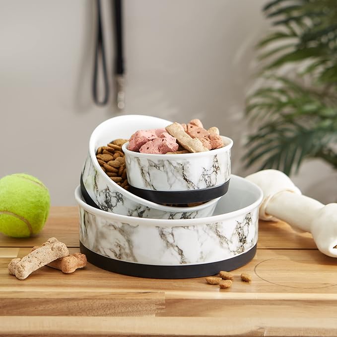 Bone Dry Pet Bowl Collection Ceramic Set, Large, Marble, 2 Count, White