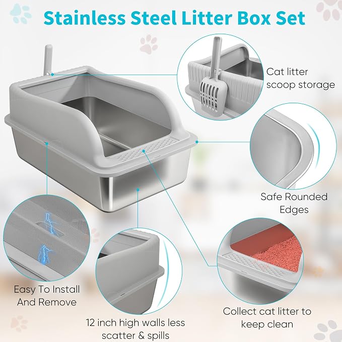 2PACK Stainless Steel Litter Boxes with Lid High Sides, Extra Large Metal Boxes for Big Cats, Odor Free Litter Pan Include Scoop, Leak-Proo, Stain-Free, Rust-Free, Easy to Clean, Non-Sticky