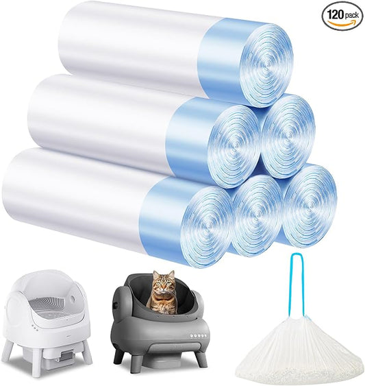 Cat Litter Bags 120 Count,26.37"x15.74" Drawstring Close Litter Box Liners for Automatic Litter Box,Thick Cat Poop Bags,Easy to Clean,Heavy Duty Robot Bag for Self-Cleaning Box