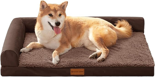 Patas Lague Orthopedic Dog Bed Large Sized Dog 36''X24'', Waterproof L Bolster Medium Pet Sofa Beds with Removable Washable Cover, Soft Pet Couch Crate Mat with Nonskid Bottom, Brown