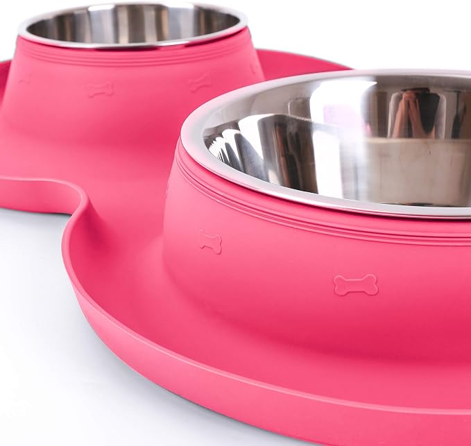 100% Waterproof BPA Free Pet Dog Bowls2 Stainless Steel（53oz+27oz） with 1.35“ Raised Edge Silicone Mat + Slow Feed Dog Water and Food Bowls for Feeding Large Dogs Cats Puppies (Pink)