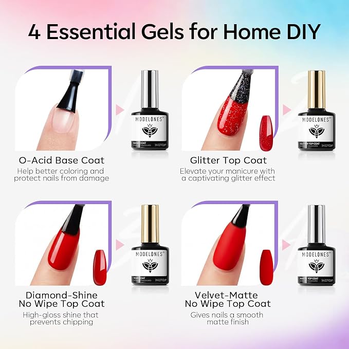 modelones 32 PCS Gel Nail Polish Set, 28 Colors Summer Gel Polish with No Wipe Base Coat, Glitter & Glossy & Matte Top Coat Red Nude Purple Green Soak Off LED Nail Art Kit Salon at Home