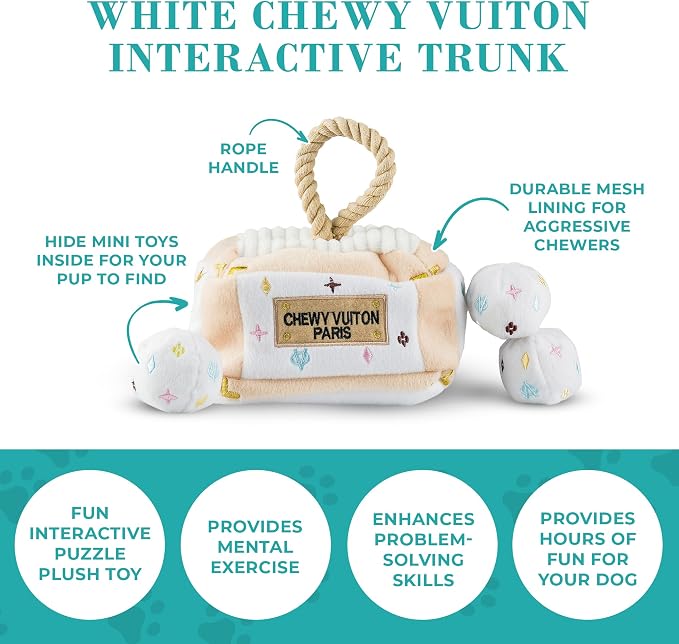Haute Diggity Dog Chewy Vuiton Trunk Puzzle with 3 Plush Squeaky Dog Toys, Soft Durable Designer-Inspired Stuffed Puppy Chew Toys for Small & Medium Dogs, Machine-Washable (White) One Size