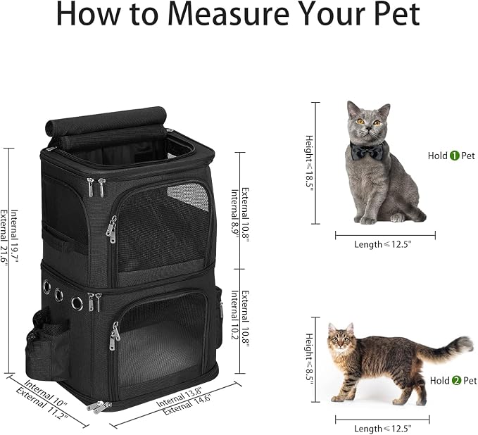 HOVONO Double-Compartment Pet Carrier Backpack for 2 Cats or Small Dogs, Dual Travel Dog Cat Carrier wih Breathable Mesh Windows, Fits Pets up to 20 lbs, Perfect for Traveling/Hiking/Camping, Black