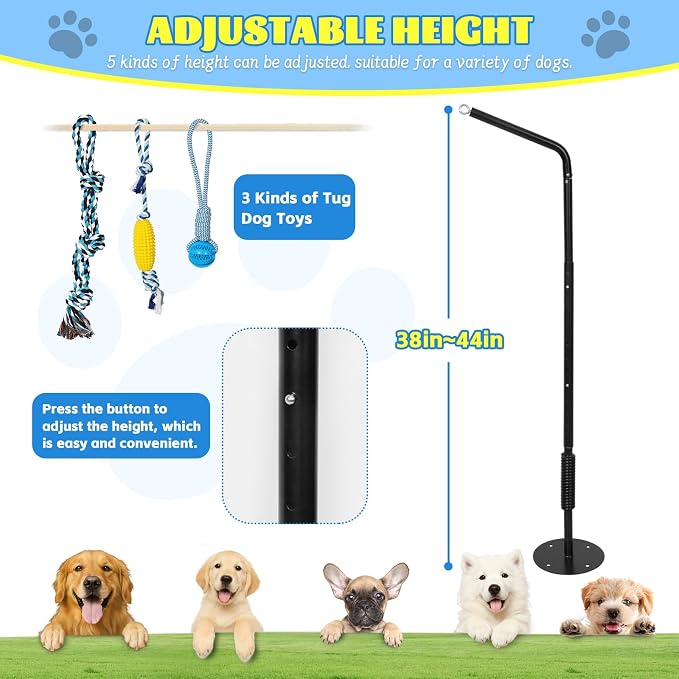 360° Rotating Dog Spring Pole Tug Toy for Medium Large Dogs, Outdoor Adjustable Height Dog Tug of War Toy with Reinforced Spring, Durable Chew Rope, 2 Replacement Toys & 4 Ground Stakes