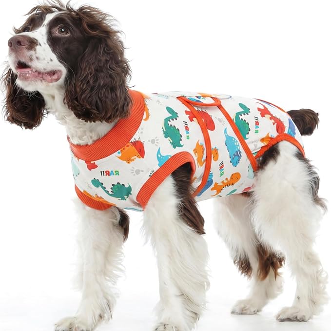 Kuoser Dog Surgery Recovery Suit, Soft Breathable Dog Recovery Suit for Female Spay Male Nueuter, Anti Licking Puppy Onesie Pet Surgical Suit for Dogs Abdominal Wounds Skin Disease, Dinosaur S