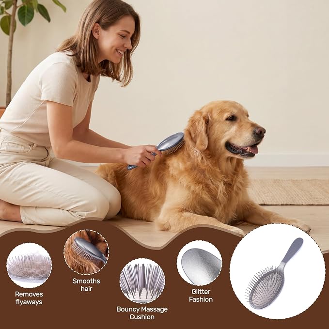 Slicker Brush for Dogs, Professional Pet Grooming Brush, 27mm Oval Stainless Steel Pin, Sparkle Glitter Handle, Anti-Static Round-Tipped Pins, Gentle Massage & Shedding Comb for Long Haired Dogs