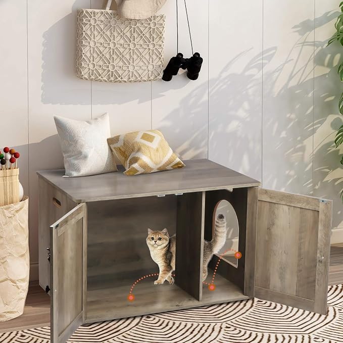 Timberer Cat Litter Box Enclosure, Litter Box Furniture Hidden with Removable Divider, Wooden Cat Washroom Furniture, Greige