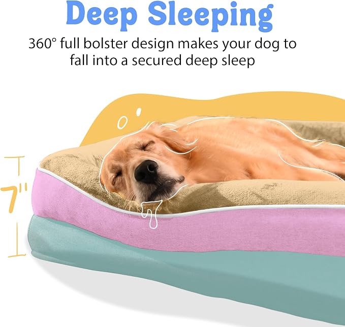 Chez Paw XXL Orthopedic Dog Bed for Extra Large Dogs, Extra Thick Egg-Crate Foam Waterproof Pet Couch with Removable Washable Cover, 4-Sided Bolster & Non-Slip Bottom, Ivory Pink 45"x35"x7.5"