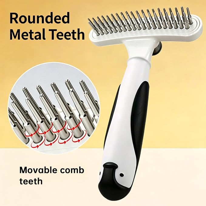 Professional pet grooming dematting rake for long coat dogs and cats, removes knots, tangled fur & loose shedding hair of large breeds like Golden Retriever, Husky, German Shepherd. (white)