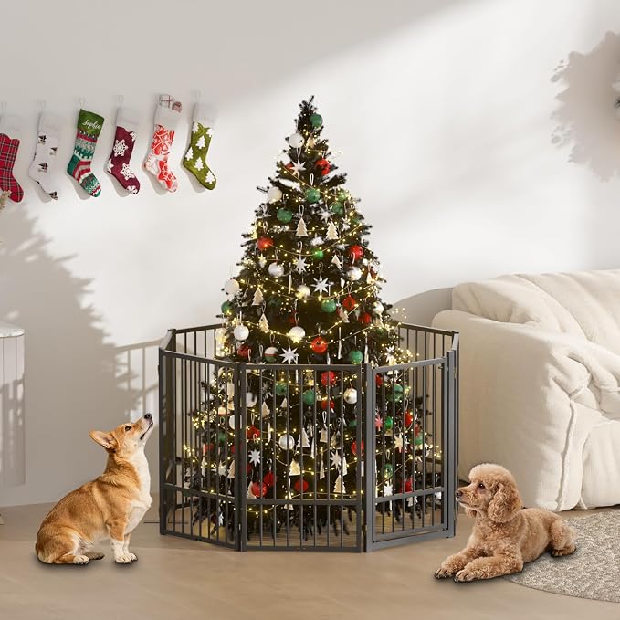 SNUOWU Full Metal Freestanding Dog Gate with Door, 32''Height Foldable Pet Dog Fence for Indoor & Outdoor, 8 Panels Extra Wide Free Standing TallDog Gates for Doorways,House,Stairs,Porch,Deck,Yard