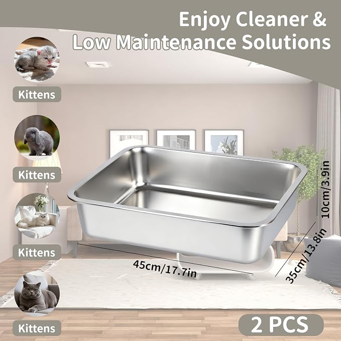 17.5" x 13.5" x 4" Stainless Steel Sifting Cat Litter Box - Metal High Sided Open Top Litterbox Odor Control Non-Clumping with Scoop Litter Mat Trash Bag, Anti-Leakage, Less Tracking, Easy Cleaning