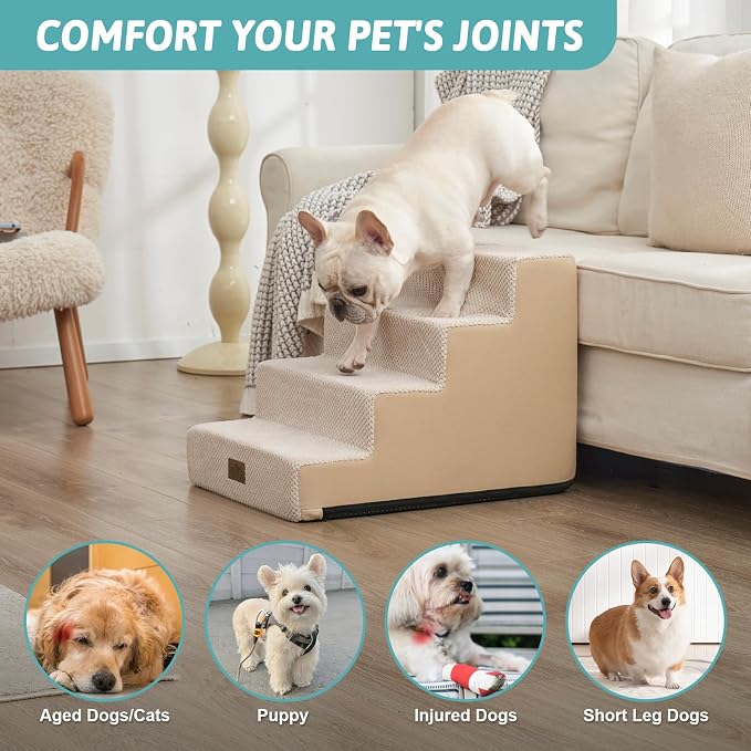 COZY KISS Dog Stairs for Small Dogs, 4 Tier Pet Stairs for Couch and Beds, 17.7" H Non-Slip Dog Steps for Old Cats, Puppy, Small Medium Dogs, 15.7x23.6x17.7 inch, Beige