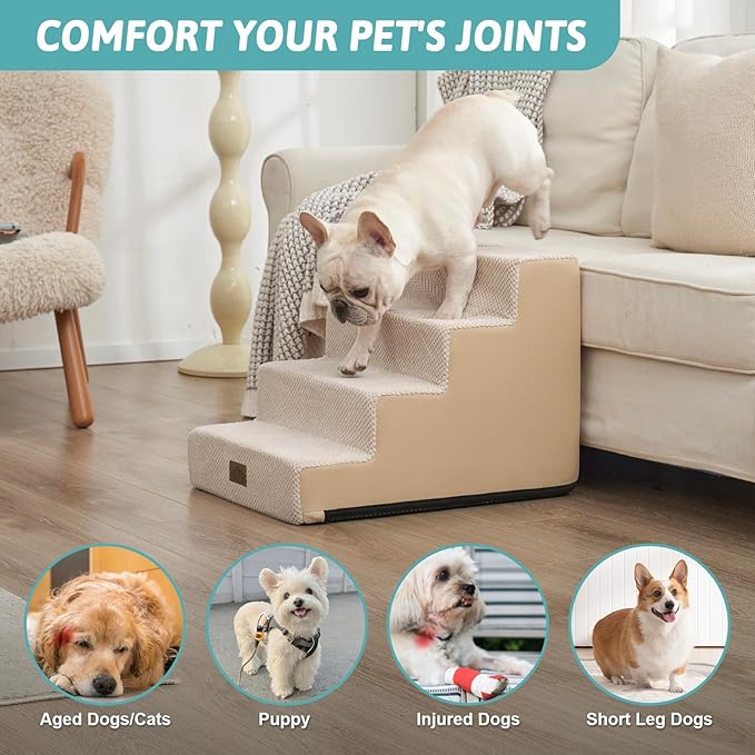 COZY KISS Dog Stairs for Small Dogs, 3 Tier Pet Stairs for Couch, 13.5" H Non-Slip Dog Steps for Old Cats, Puppy, Small Dogs, 15.7x17.7x13.5 inch, Beige