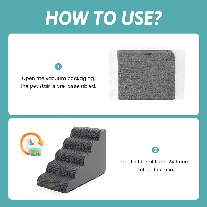 COZY KISS Wide Dog Stairs for Small Dog 22.6" H, Curved Pet Step for Puppy, Older Cat, Curved Ramp for High Bed or Car, Ladder with High Density Foam, Durable, 5 Step, 17.7x33x22.6 inch, Dark Grey
