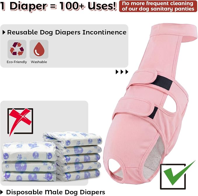 QBLEEV Dog Diapers with Suspenders, Female Escape-Proof Full Body Dog Period Diapers Overalls, Reusable Washable Sanitary Panties for Heat Cycle & Incontinence, Doggie Underwear Onesie with Tail Hole