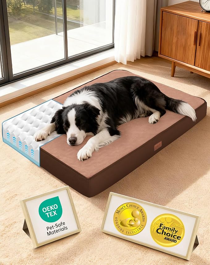 OhGeni Orthopedic Waterproof Dog Bed for Medium Large Dogs, Machine-Washable Removable Cover in Easy-Clean Fabric, Reversible Memory Foam & Easy-Carry Handle, Wider and Larger, 36 inch (Brown)