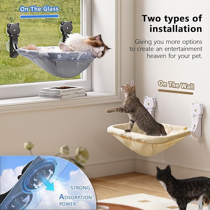 JUNSPOW Cat Window Perch Cordless, Glow in The Dark & Stable Cat Beds- Breathable Window Hammock for Overlooking, Sunbathing and Climbing - Maximum Hold Up to 40lb(Grey+Cream)