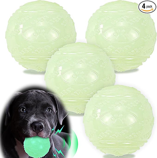 LECHONG 4-Pack 2.5” Glow in The Dark Squeaky Dog Balls, Durable Glowing Bouncy Rubber Fetch Toy Balls for Small Medium Puppy Dogs Nighttime Playing Indoors and Outdoors
