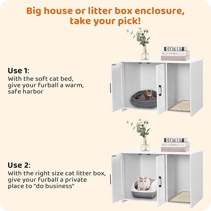 DWANTON Litter Box Enclosure, Cat Litter Box Furniture Hidden, with Scratching Mat, Wooden Cat Washroom Indoor, 31.5" L x 19.7" W x 21.7" H, White