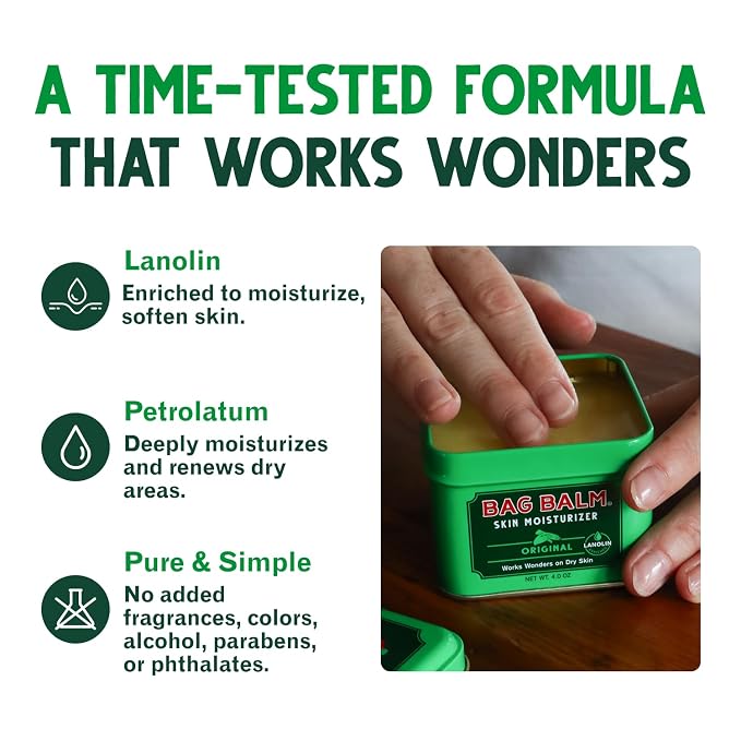 Bag Balm Vermont's Original Skin Moisturizer - Full Body Hydrating Skin Care: Dry Hands, Lips, Face, Feet & More - Unscented, Cruelty & Paraben Free - Day & Night, Men & Women (4oz Tin, Made in USA) | camping-soaps-and-shampoos