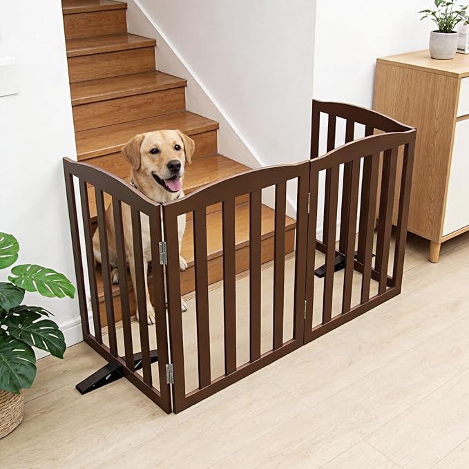 ZJSF Foldable Freestanding Indoor Dog Gate for House Wood Long Pet Gates Dog Fence for Stairs Puppy Gates for Hallways, Puppy Gate,Support Feet Included, Brown, 32 "Height-4 Panels