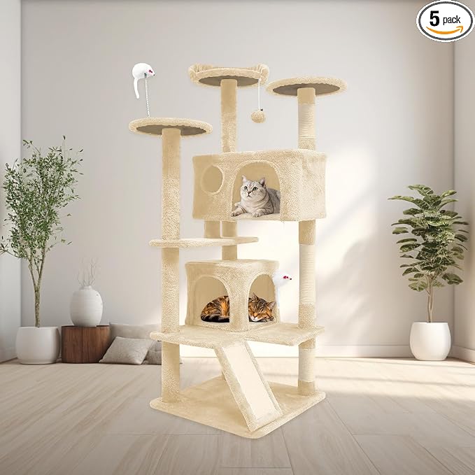 Aotaide 54in Cat Tree, Multi-Level Cat Tower,2 Cozy Caves, Scratching Posts, Climbing Ladder, Plush Balls, Durable Pet House Furniture for Indoor Kittens,Beige