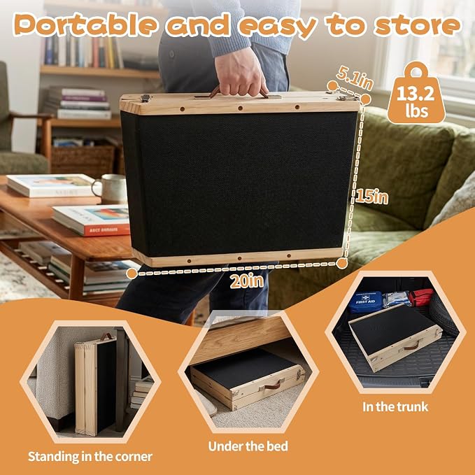 Rubber-Mat Dog Ramp with Rails for Couch, Bed or Car - 40" Long Foldable Wood Pet Ramp Adjustable Height from 10" to 21", with High Traction Mat for Small Medium Older Dogs, Up to 180 Lbs